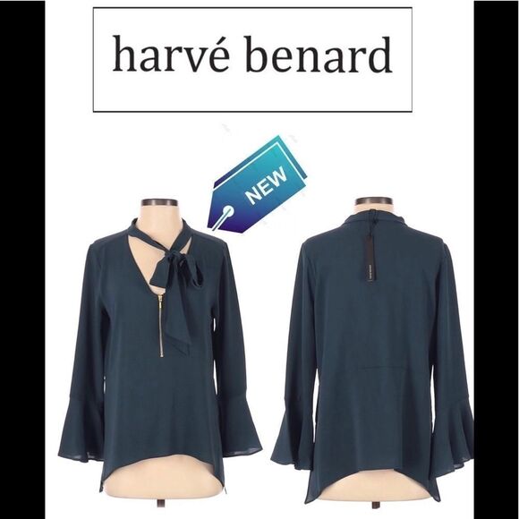 Harve Bernard NWT teal blue Long bell sleeve blouse L - Picture 1 of 11